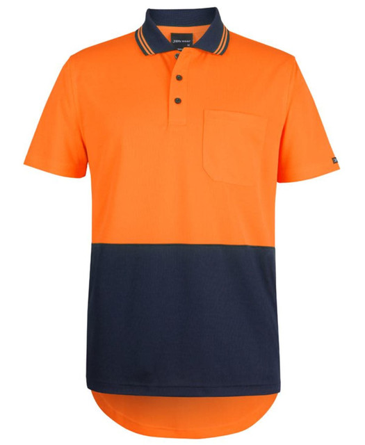 An orange and navy short-sleeved drop tail polo shirt with a pocket and a logo.