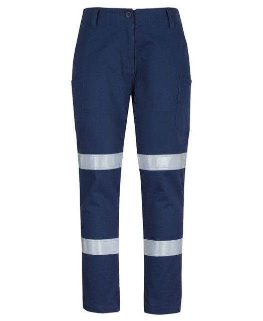 Navy cargo pants featuring reflective D+N tape, multiple pockets, and a button closure. Includes branding.