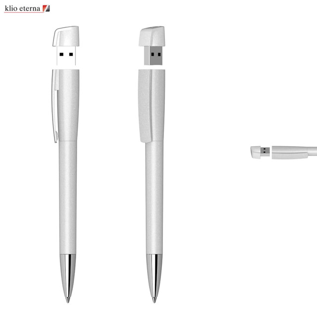 A metallic silver USB pen featuring a retractable tip, with a logo present on the body.