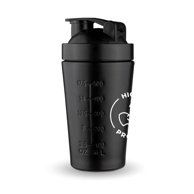 A drink bottle in black with measurement markings and a logo, designed for protein shakes.
