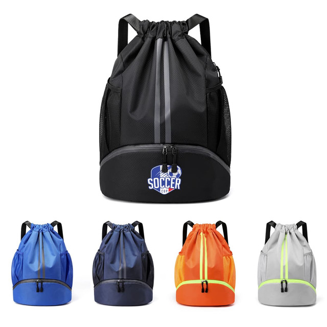 A black drawstring backpack with a zippered bottom compartment, available in blue, navy, orange, and grey. It has a logo.