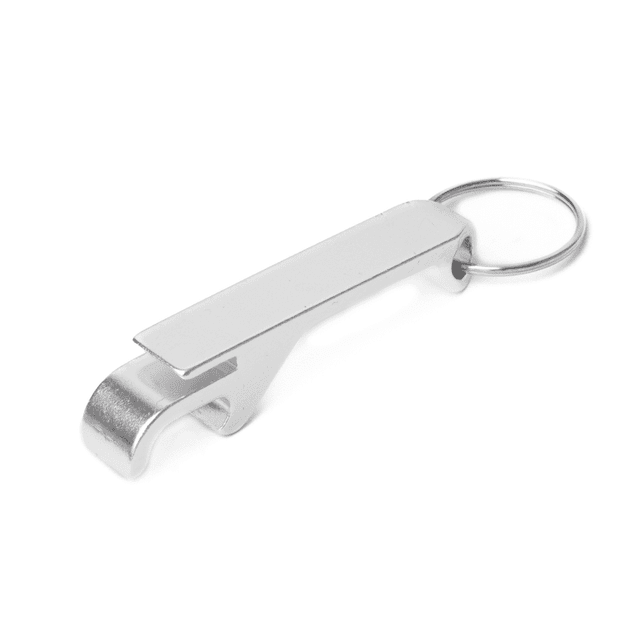 A drink bottle opener in shiny silver metal, featuring a keyring attachment and a sleek, minimalist design. A drink bottle opener in shiny silver metal, featuring a keyring attachment and a sleek, minimalist design.