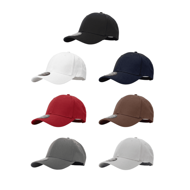 A variety of stretch caps in black, white, navy, red, brown, grey, and light grey, each with a logo.