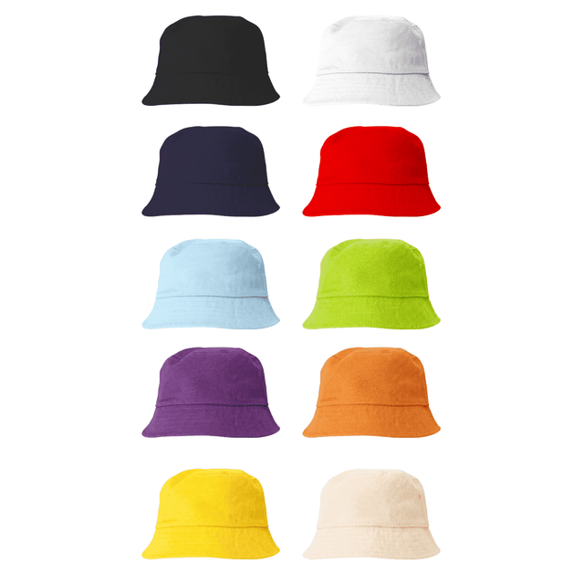 A collection of cotton bucket hats in various colours: black, white, navy, red, light blue, green, purple, orange, yellow, and cream.