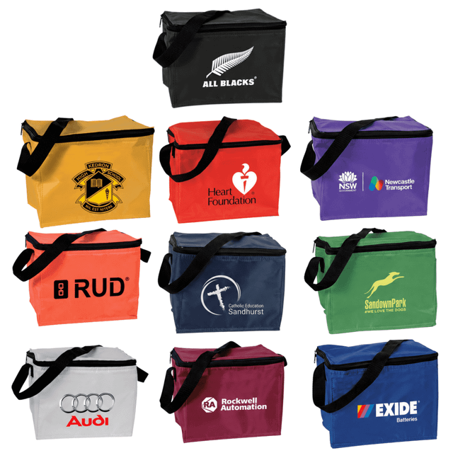 A collection of cooler bags in various colours, featuring different logos and branding on each bag.