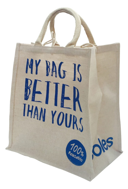 A large, natural jute shopping bag with blue text and handles, featuring a logo.