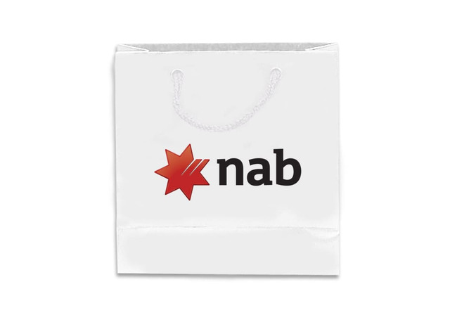 A small white laminated bag with a handle, featuring a logo in black and red.