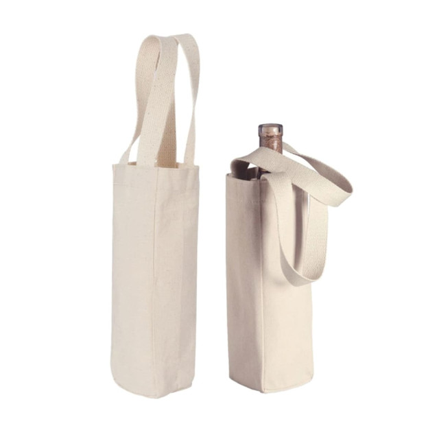 A drink bottle tote in natural cotton colour with long handles, designed to carry a wine bottle.