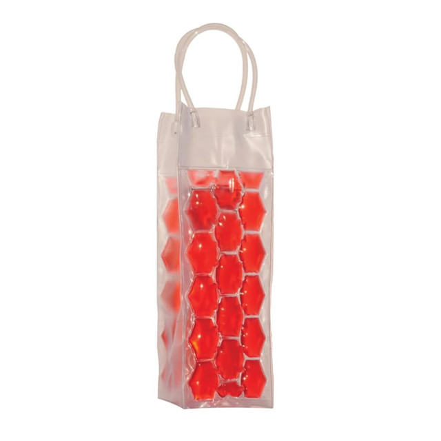 A transparent wine bag with red gel inserts and white handles, featuring a logo. A transparent wine bag with red gel inserts and white handles, featuring a logo.