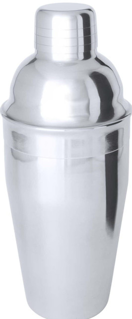 A stainless steel cocktail shaker with a smooth, shiny finish and a classic design. Features a logo.