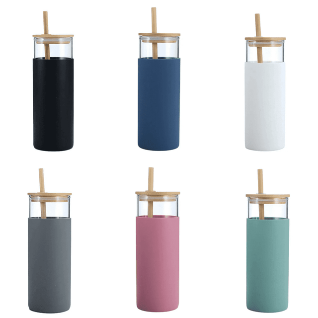 A drink bottle collection featuring six options: black, navy, white, grey, pink, and teal, with wooden lids and straws.