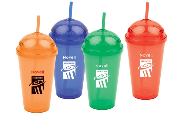 Four plastic cups with domed caps in orange, blue, green, and red, each with a logo printed on the front.