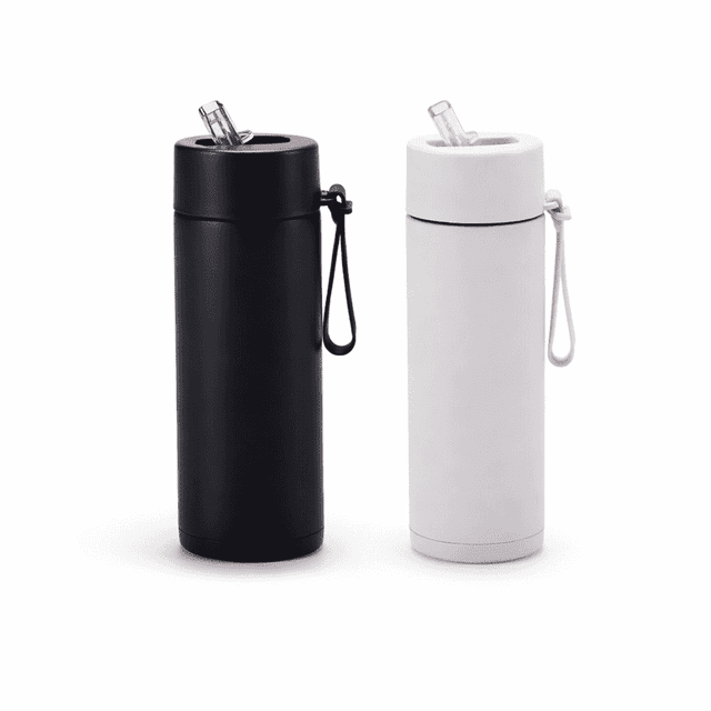A drink bottle featuring a 650ml stainless steel thermos in black and white, with a silicone handle and a straw.