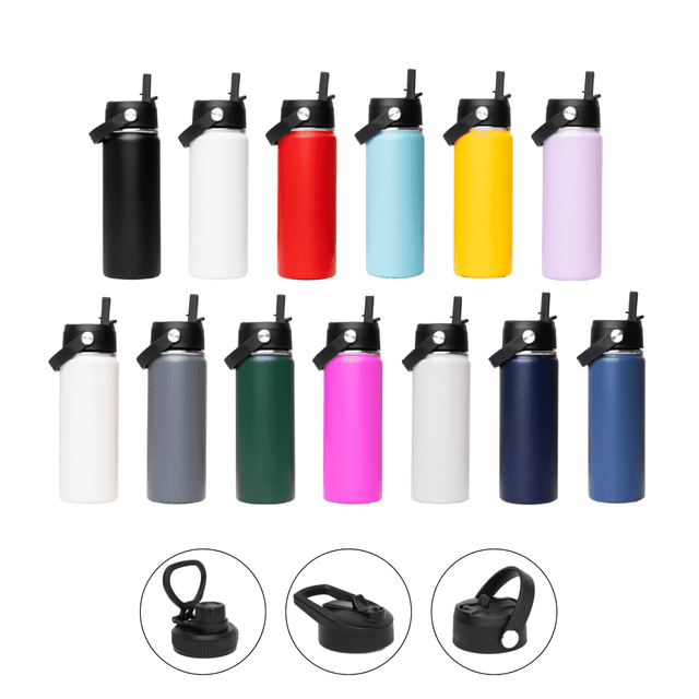 A drink bottle collection with 15 vacuum flasks in various colours, featuring three different lid options.