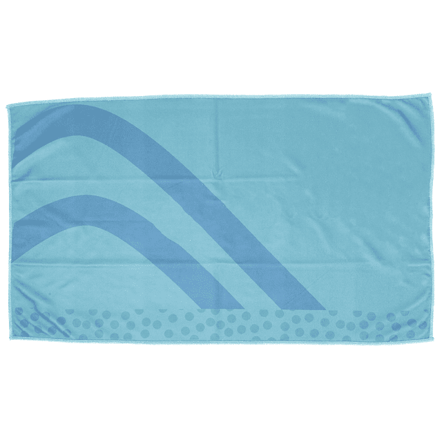 A blue sublimated tea towel featuring abstract wave designs in a darker shade. Includes a logo.