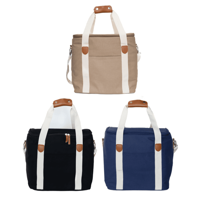 A beige cooler bag with white straps and a leather handle, featuring a front pocket and a branding logo.