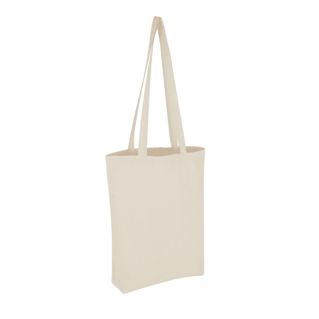 A natural cotton tote bag in a light cream colour with long handles and a simple design.
