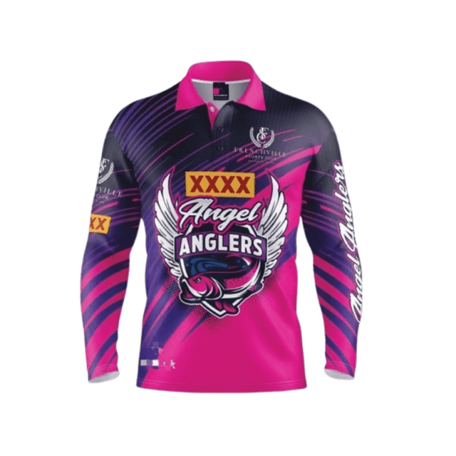 A long-sleeve fishing tee in vibrant pink and purple with a logo and graphic design featuring a fish. A long-sleeve fishing tee in vibrant pink and purple with a logo and graphic design featuring a fish.