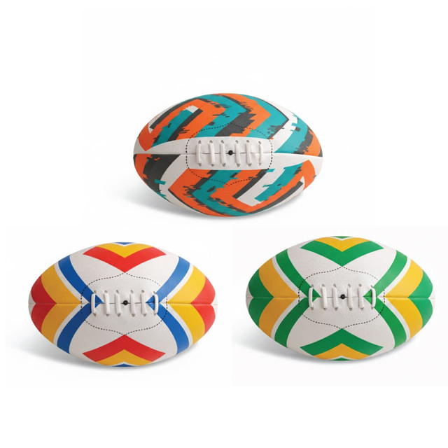 AFL balls in vibrant colours, featuring orange, teal, yellow, red, green, and white designs, with stitching details.