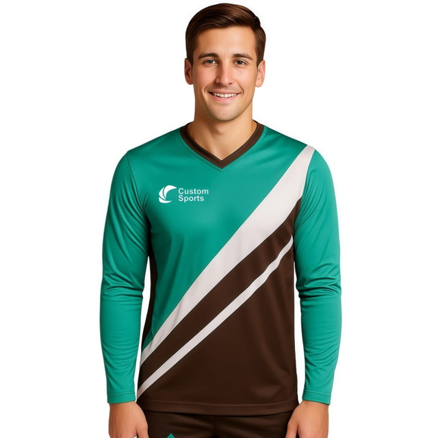 A long-sleeved football jersey in teal and brown, featuring a sleek design and a logo on the upper left side.