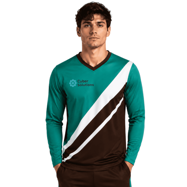 A unisex long-sleeve sports jersey in teal and brown, featuring a logo on the front.