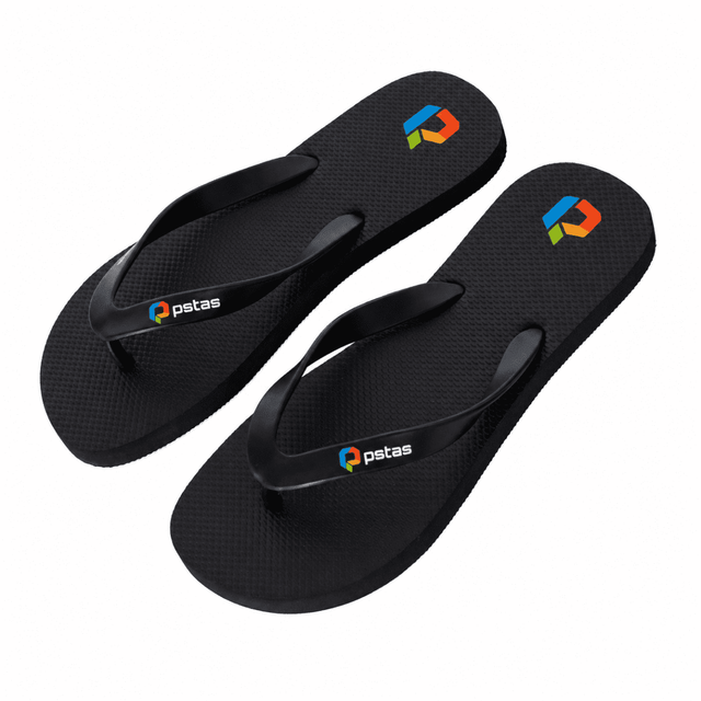 Black rubber thongs with textured soles and a logo on each strap.