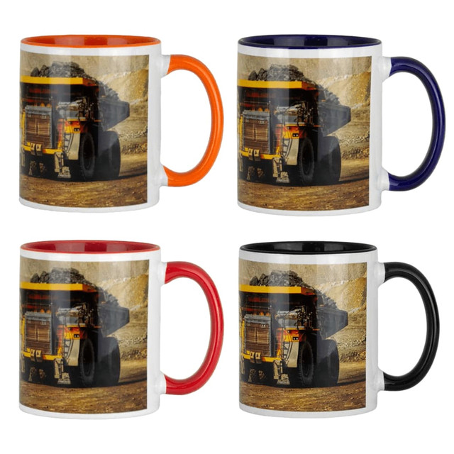 Four ceramic mugs in orange, red, blue, and black, featuring a large mining truck graphic and a logo.