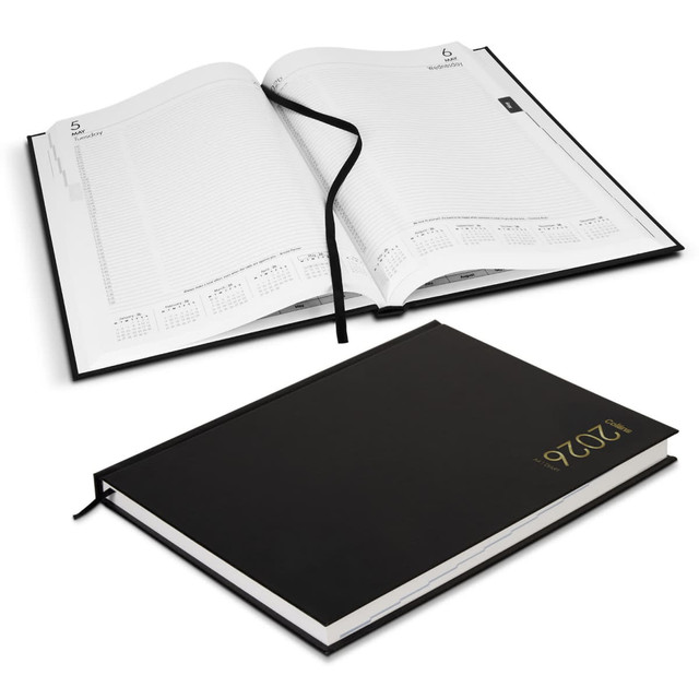 A black A4 diary with a ribbon bookmark, featuring blank and structured pages for daily entries.