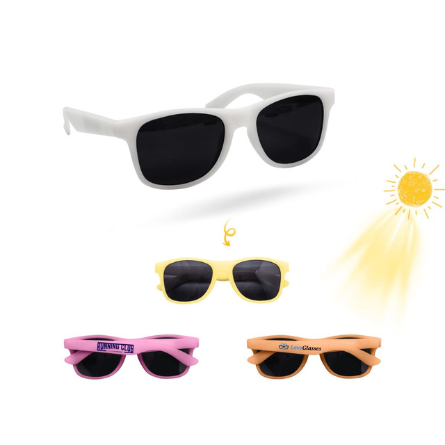 Colour changing sunglasses in white, yellow, pink, and orange, with dark lenses and a logo on one pair.