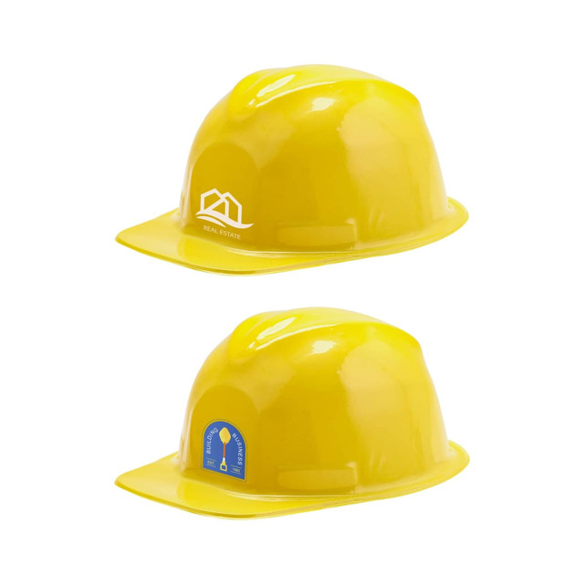 A yellow Mini PVC construction hat with a logo on one side and a badge on the other.