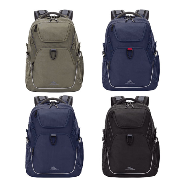 Four High Sierra Access 4.0 Backpacks in olive green, navy blue, dark blue, and black, each with a logo.