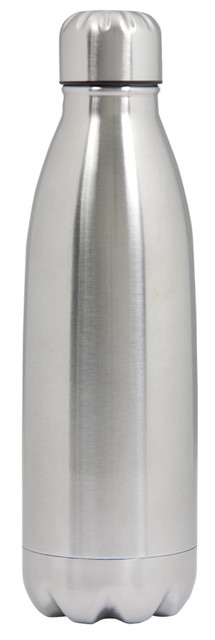 A stainless steel water bottle in silver, featuring a screw-top lid and a smooth surface. Includes a logo. A stainless steel water bottle in silver, featuring a screw-top lid and a smooth surface. Includes a logo.