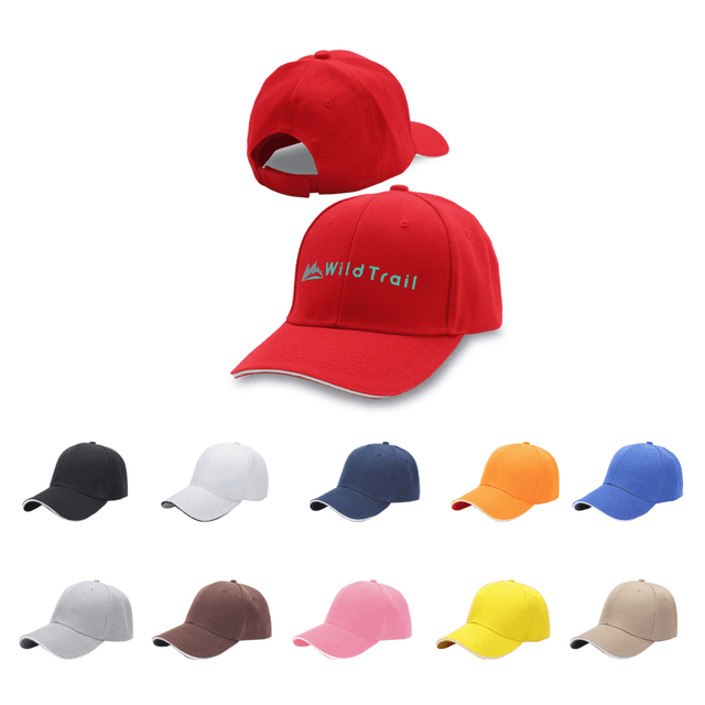 A red six-panel cap with a logo, displayed alongside various other coloured caps including black, grey, blue, and orange.