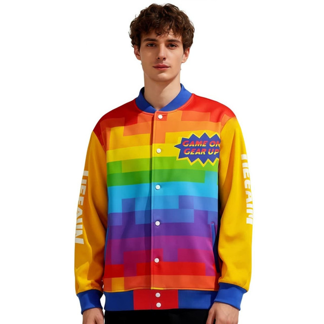 A vibrant unisex track jacket featuring a rainbow design with blue, yellow, red, and orange colours. It has a logo on one side.