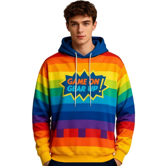 A unisex adults hoodie featuring a vibrant rainbow design with a blue hood and a logo on the front.