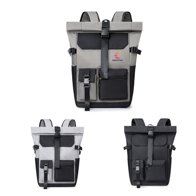 A roll top backpack featuring multiple pockets, available in grey and black with adjustable straps and a logo.