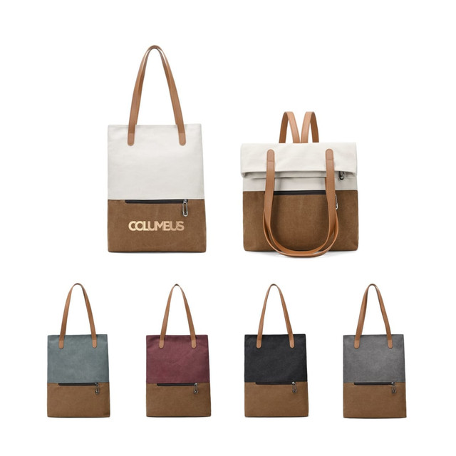 A convertible canvas backpack and tote bag in multiple colours: cream, brown, teal, burgundy, black, and grey, with a logo.