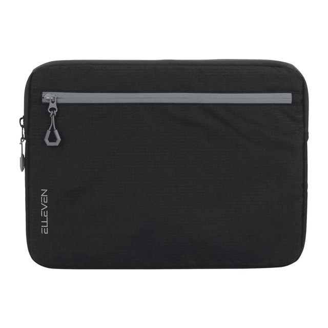 A black laptop sleeve with a grey zip and a logo, designed for 16-inch laptops.