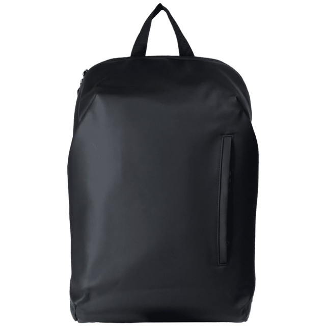 A black anti-theft backpack with a sleek design, featuring a zip closure and a side pocket.