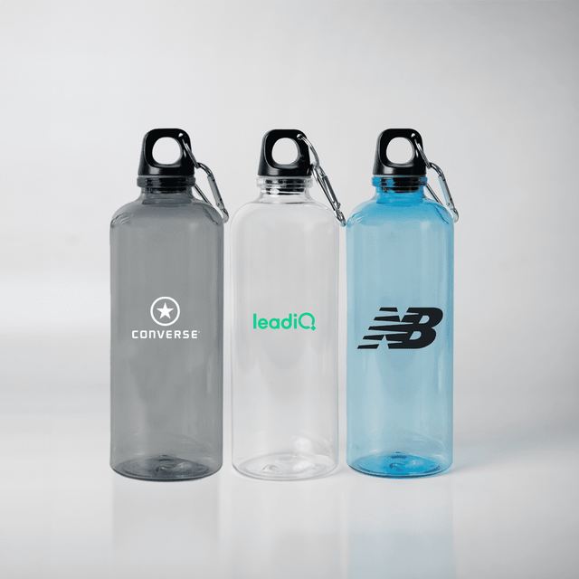 A drink bottle trio featuring grey, clear, and blue options, each with a carabiner and logos.