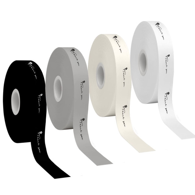 Four rolls of screen printed cotton ribbon in black, grey, white, and cream, featuring logos on each roll.