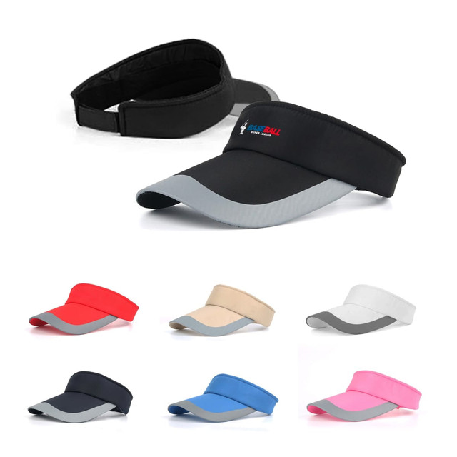 A range of sun visors in various colours, including black, red, beige, white, navy, and pink, with a logo.