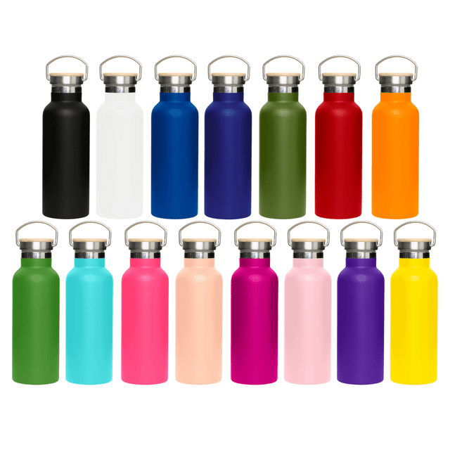 A drink bottle collection featuring various colours, including black, white, blue, green, red, pink, and purple, with metal lids.