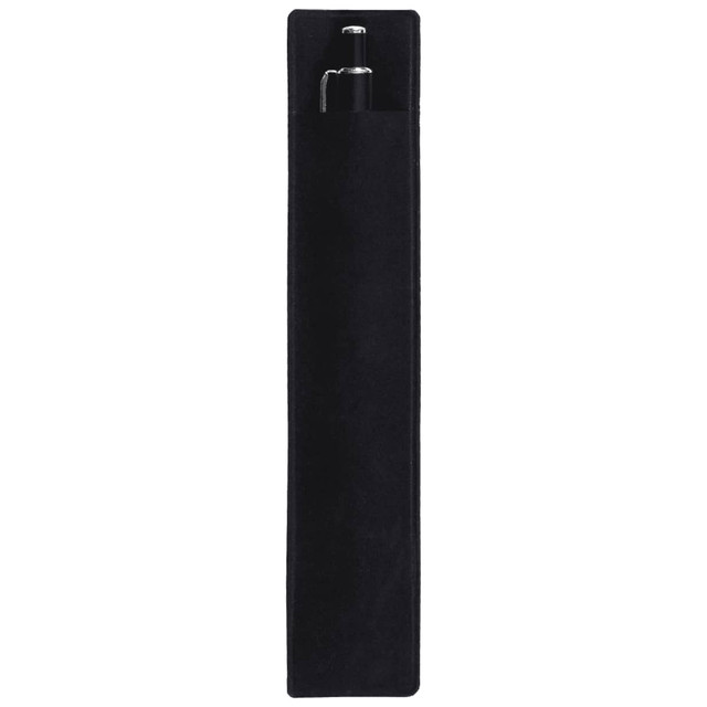 A black velvet pen sleeve featuring a sleek design with a pen partially visible inside. It has a logo on the surface.