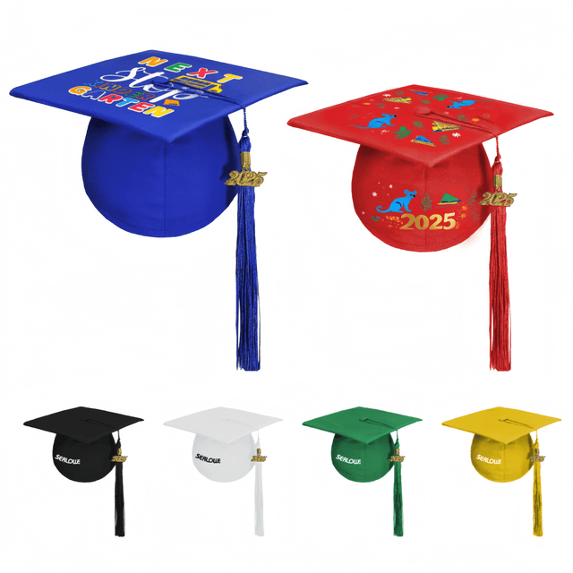 A collection of mortarboard graduation caps in blue, red, black, white, and green, each with a tassel and embellishments.