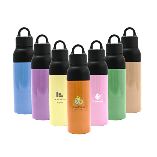 A drink bottle collection featuring various colours, including blue, purple, yellow, pink, green, and a metallic finish. Each has a logo.