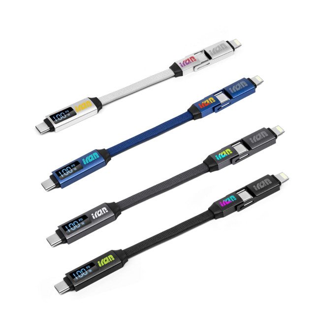 A set of four 100W 3-In-1 aluminium charging cables in white, blue, black, and grey, featuring digital displays.