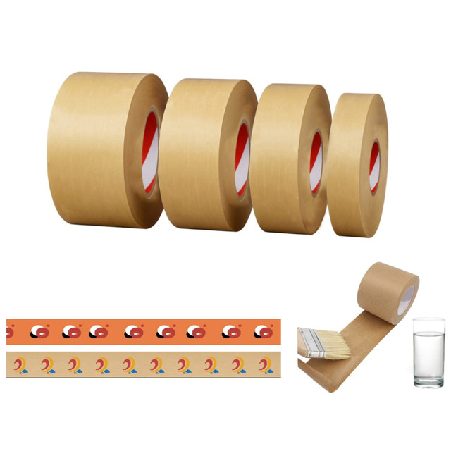 Water activated gummed kraft paper tape rolls in brown, with a patterned tape strip and a paintbrush alongside a glass of water.