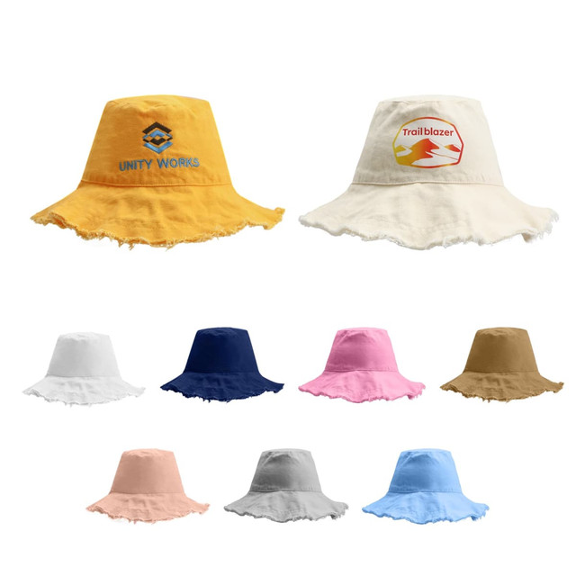 A collection of raw edge bucket hats in yellow, white, navy, pink, brown, grey, and light blue, featuring branding on some.