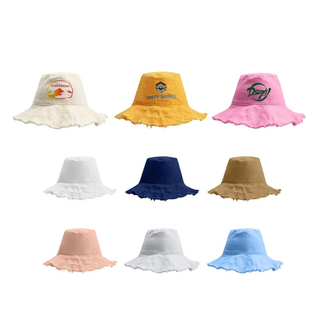 A collection of Raw Edge Bucket Hats in various colours, including pink, yellow, white, navy, and brown, featuring some logos.